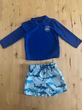 Carter's Royal Blue 'Jawsome' Rash Guard with Shark-Print Swim Shorts